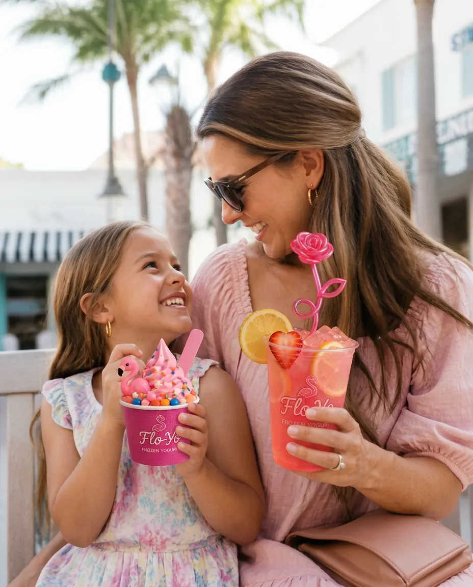 A mother and daughter enjoying FloYo frozen yogurt and lemonade together