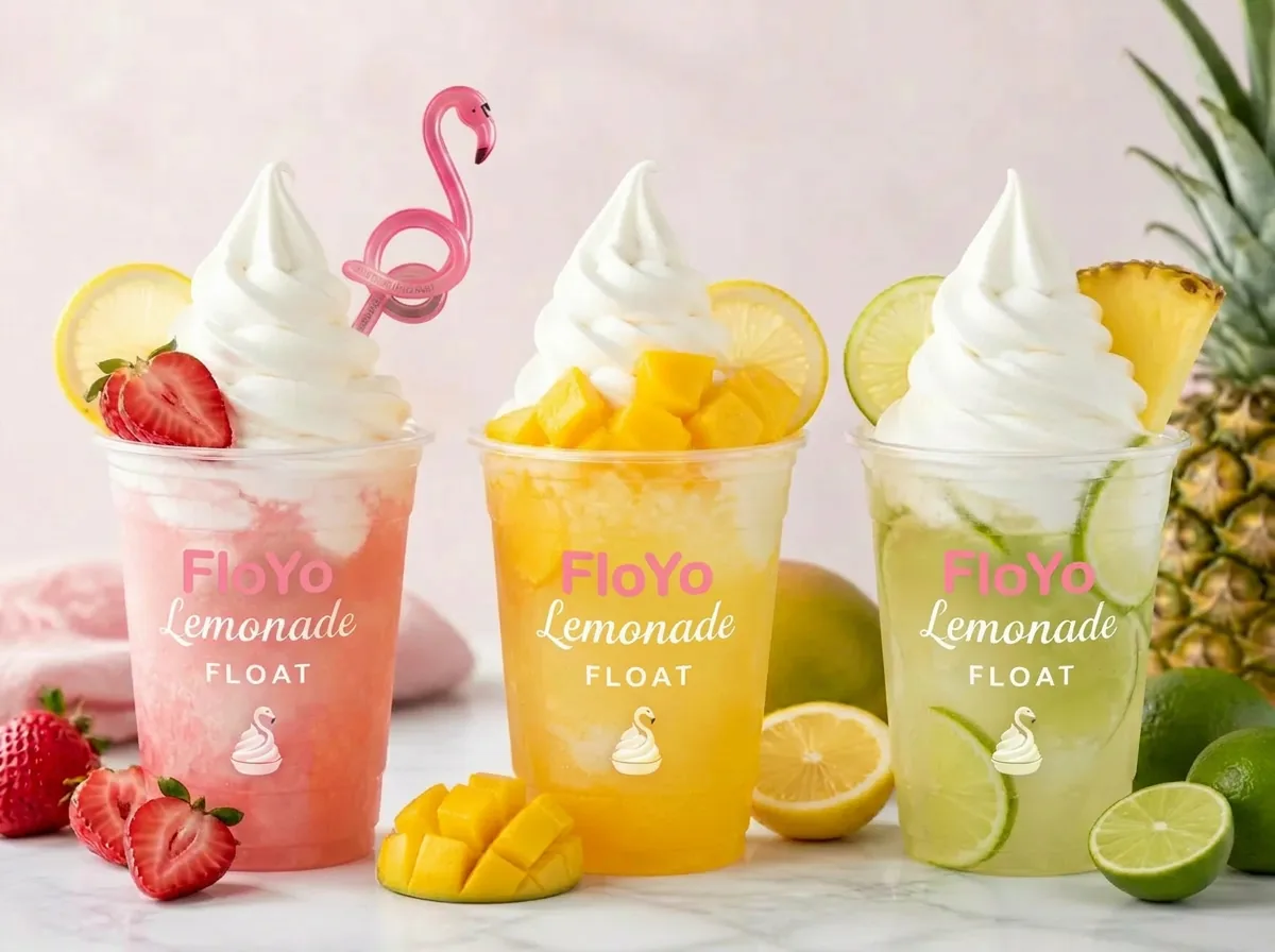 Three FloYo lemonade floats — strawberry, mango, and lime