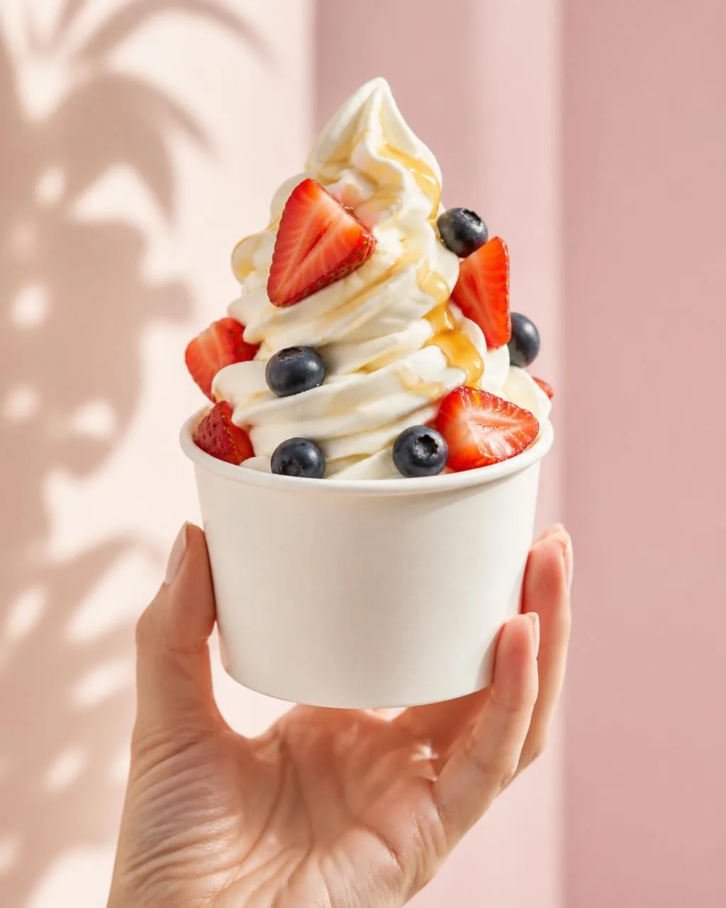 A premium FloYo frozen yogurt swirl topped with fresh strawberries and blueberries